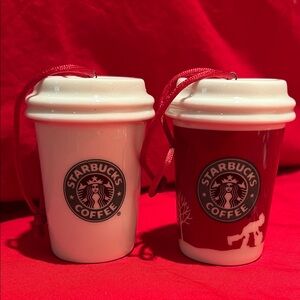 EUC 2006 Starbucks Red and White Mini Cup Ornament Set- Ceramic